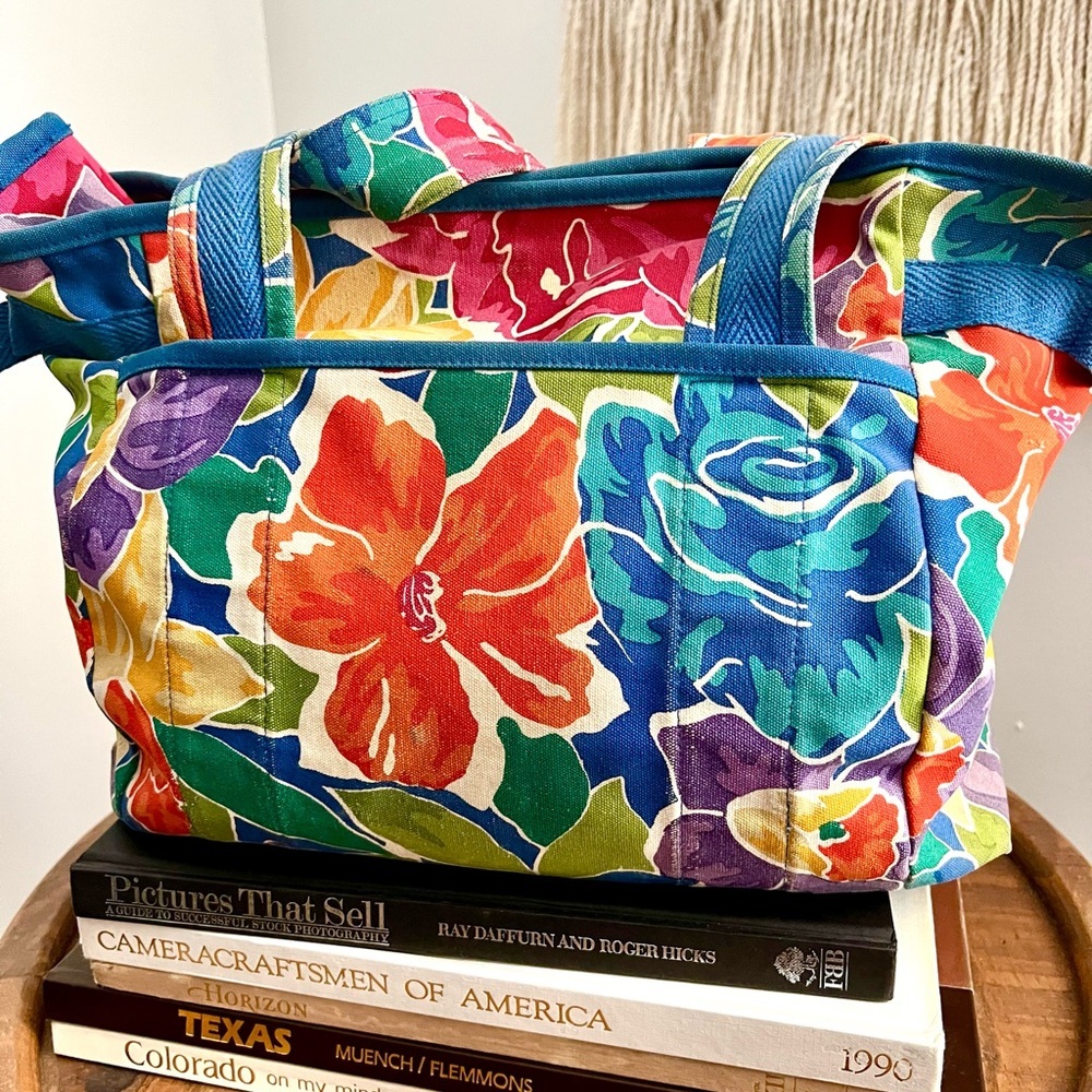 Vintage 90s Floral Multicolor Tote Bag Liz Claiborne Spring Summer Festival - Picture 5 of 8